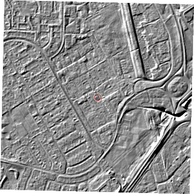 Shaded relief map of the ground around HU74QF, computed from Environment Agency LiDAR. The ground here sits at about 2 m above sea level and falls 6 m across the surrounding 800 m. Surface water reaching this point runs off ground lying to the east, 1.4 m higher.