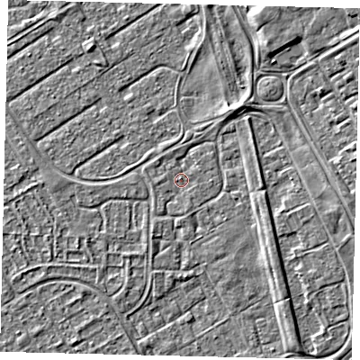 Shaded relief map of the ground around HU74QG, computed from Environment Agency LiDAR. The ground here sits at about 2 m above sea level and falls 5 m across the surrounding 800 m. Surface water reaching this point runs off ground lying to the north-east, 4.5 m higher.