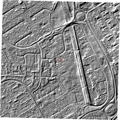 Shaded relief map of the ground around HU74QH, computed from Environment Agency LiDAR. The ground here sits at about 2 m above sea level and falls 6 m across the surrounding 800 m. Surface water reaching this point runs off ground lying to the east-south-east, 1.7 m higher.