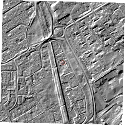 Shaded relief map of the ground around HU74QL, computed from Environment Agency LiDAR. The ground here sits at about 2 m above sea level and falls 6 m across the surrounding 800 m. Surface water reaching this point runs off ground lying to the east-south-east, 1.7 m higher.