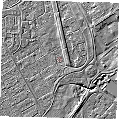 Shaded relief map of the ground around HU74QP, computed from Environment Agency LiDAR. The ground here sits at about 2 m above sea level and falls 7 m across the surrounding 800 m. Surface water reaching this point runs off ground lying to the north-north-east, 2.1 m higher.