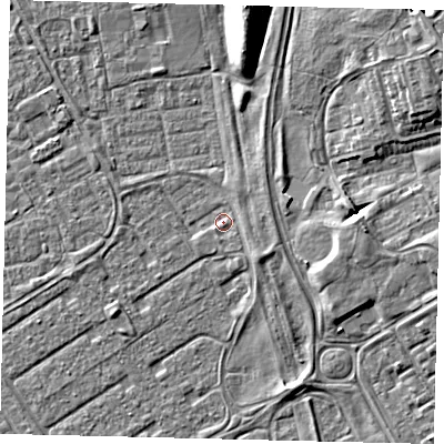 Shaded relief map of the ground around HU74QS, computed from Environment Agency LiDAR. The ground here sits at about 2 m above sea level and falls 8 m across the surrounding 800 m. Surface water reaching this point runs off ground lying to the south-south-east, 1.3 m higher.