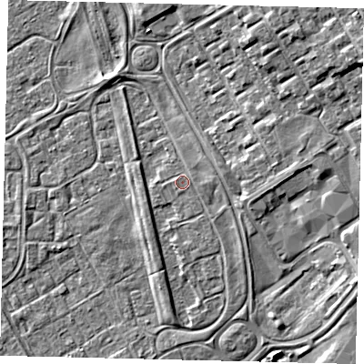 Shaded relief map of the ground around HU74QX, computed from Environment Agency LiDAR. The ground here sits at about 3 m above sea level and falls 7 m across the surrounding 800 m. Surface water reaching this point runs off ground lying to the east-north-east, 1.1 m higher.