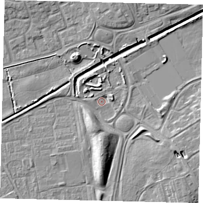 Shaded relief map of the ground around HU74QY, computed from Environment Agency LiDAR. The ground here sits at about 3 m above sea level and falls 10 m across the surrounding 800 m. Surface water reaching this point runs off ground lying to the south, 6.5 m higher.