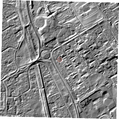 Shaded relief map of the ground around HU74SF, computed from Environment Agency LiDAR. The ground here sits at about 3 m above sea level and falls 7 m across the surrounding 800 m. Surface water reaching this point runs off ground lying to the east, 5.7 m higher.