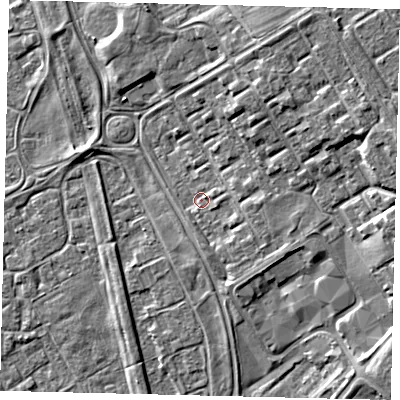 Shaded relief map of the ground around HU74SG, computed from Environment Agency LiDAR. The ground here sits at about 3 m above sea level and falls 7 m across the surrounding 800 m. Surface water reaching this point runs off ground lying to the east, 2.8 m higher.