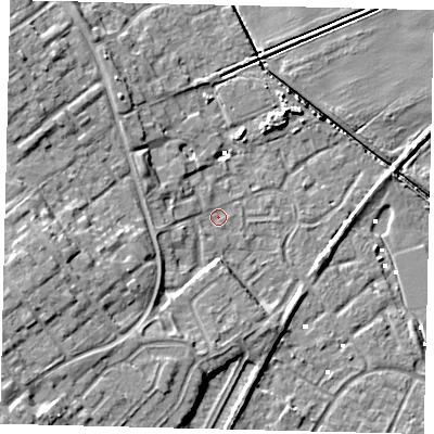 Shaded relief map of the ground around HU74SN, computed from Environment Agency LiDAR. The ground here sits at about 1 m above sea level and falls 11 m across the surrounding 800 m. Surface water reaching this point runs off ground lying to the south-west, 9.4 m higher.