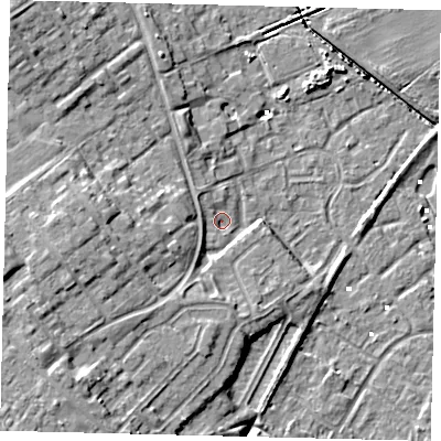 Shaded relief map of the ground around HU74SW, computed from Environment Agency LiDAR. The ground here sits at about 2 m above sea level and falls 11 m across the surrounding 800 m. Surface water reaching this point runs off ground lying to the south-west, 2.4 m higher.