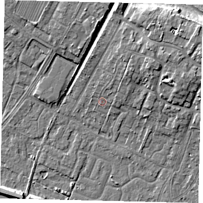 Shaded relief map of the ground around HU74UA, computed from Environment Agency LiDAR. The ground here sits at about 4 m above sea level and falls 10 m across the surrounding 800 m. Surface water reaching this point runs off ground lying to the north-east, 6.7 m higher.
