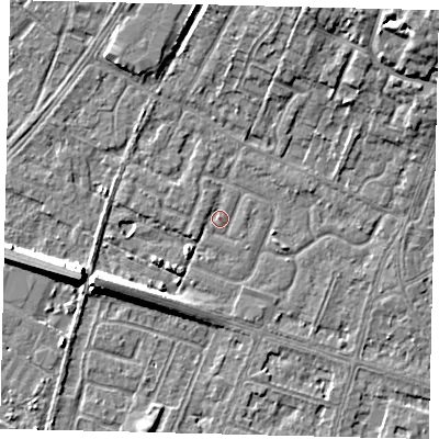 Shaded relief map of the ground around HU74UB, computed from Environment Agency LiDAR. The ground here sits at about 2 m above sea level and falls 9 m across the surrounding 800 m. Surface water reaching this point runs off ground lying to the west-south-west, 7.7 m higher.