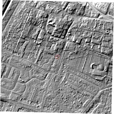 Shaded relief map of the ground around HU74UY, computed from Environment Agency LiDAR. The ground here sits at about 3 m above sea level and falls 10 m across the surrounding 800 m. Surface water reaching this point runs off ground lying to the north-east, 7.9 m higher.
