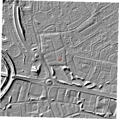 Shaded relief map of the ground around HU74WG, computed from Environment Agency LiDAR. The ground here sits at about 2 m above sea level and falls 5 m across the surrounding 800 m. Surface water reaching this point runs off ground lying to the west-north-west, 0.5 m higher.