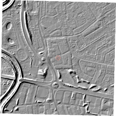 Shaded relief map of the ground around HU74WH, computed from Environment Agency LiDAR. The ground here sits at about 2 m above sea level and falls 5 m across the surrounding 800 m. Surface water reaching this point runs off ground lying to the west-north-west, 0.6 m higher.