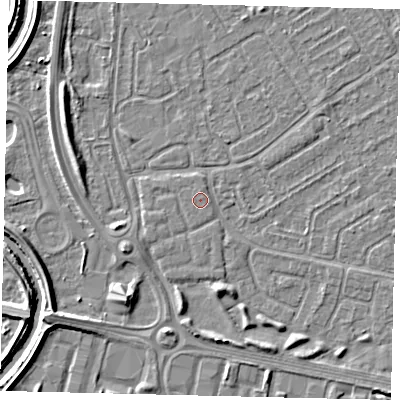 Shaded relief map of the ground around HU74WJ, computed from Environment Agency LiDAR. The ground here sits at about 2 m above sea level and falls 5 m across the surrounding 800 m. The ground contributing surface water to this point lies to the south-east.