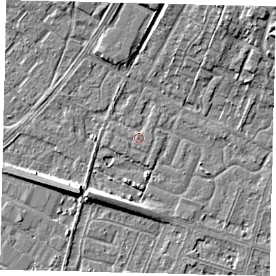 Shaded relief map of the ground around HU74WL, computed from Environment Agency LiDAR. The ground here sits at about 2 m above sea level and falls 9 m across the surrounding 800 m. Surface water reaching this point runs off ground lying to the south-east, 0.9 m higher.