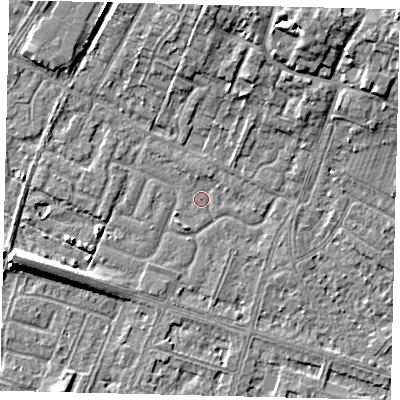 Shaded relief map of the ground around HU74WY, computed from Environment Agency LiDAR. The ground here sits at about 2 m above sea level and falls 9 m across the surrounding 800 m. Surface water reaching this point runs off ground lying to the west-south-west, 4.7 m higher.