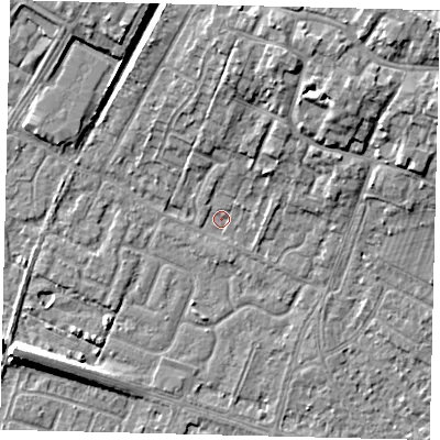 Shaded relief map of the ground around HU74XD, computed from Environment Agency LiDAR. The ground here sits at about 2 m above sea level and falls 10 m across the surrounding 800 m. Surface water reaching this point runs off ground lying to the north-north-east, 7.9 m higher.