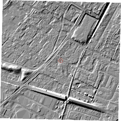 Shaded relief map of the ground around HU74XP, computed from Environment Agency LiDAR. The ground here sits at about 2 m above sea level and falls 8 m across the surrounding 800 m. Surface water reaching this point runs off ground lying to the north-west, 1.0 m higher.
