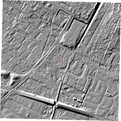 Shaded relief map of the ground around HU74XX, computed from Environment Agency LiDAR. The ground here sits at about 2 m above sea level and falls 8 m across the surrounding 800 m. The ground contributing surface water to this point lies to the west.