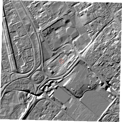 Shaded relief map of the ground around HU74YL, computed from Environment Agency LiDAR. The ground here sits at about 3 m above sea level and falls 11 m across the surrounding 800 m. Surface water reaching this point runs off ground lying to the east, 2.5 m higher.