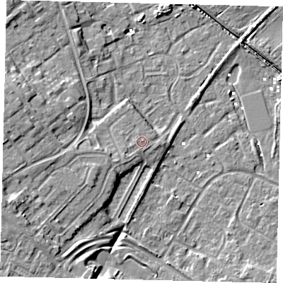 Shaded relief map of the ground around HU74YQ, computed from Environment Agency LiDAR. The ground here sits at about 3 m above sea level and falls 11 m across the surrounding 800 m. Surface water reaching this point runs off ground lying to the west, 3.6 m higher.