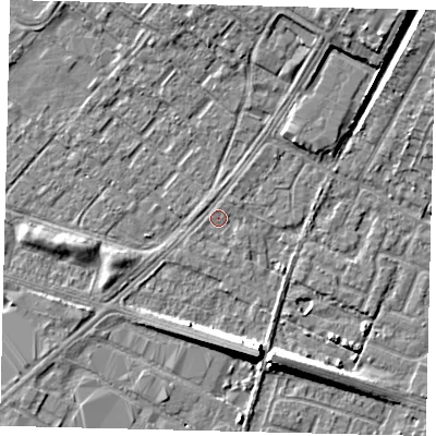 Shaded relief map of the ground around HU74YX, computed from Environment Agency LiDAR. The ground here sits at about 2 m above sea level and falls 8 m across the surrounding 800 m. Surface water reaching this point runs off ground lying to the north-north-east, 0.6 m higher.