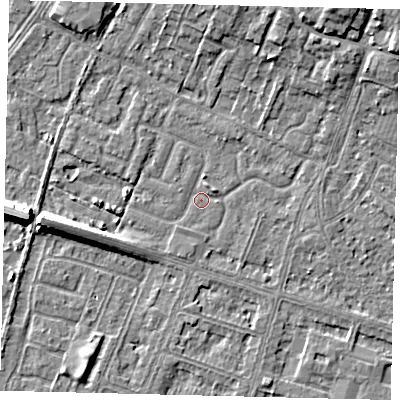 Shaded relief map of the ground around HU74YY, computed from Environment Agency LiDAR. The ground here sits at about 2 m above sea level and falls 8 m across the surrounding 800 m. Surface water reaching this point runs off ground lying to the west-south-west, 4.7 m higher.