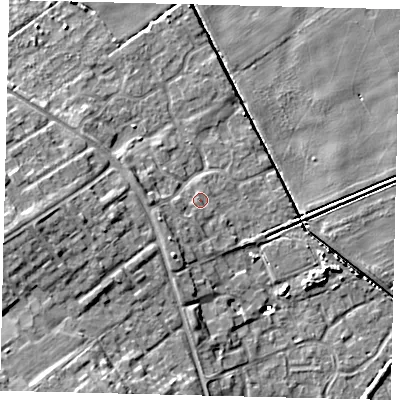 Shaded relief map of the ground around HU74ZB, computed from Environment Agency LiDAR. The ground here sits at about 2 m above sea level and falls 9 m across the surrounding 800 m. Surface water reaching this point runs off ground lying to the west-south-west, 2.6 m higher.