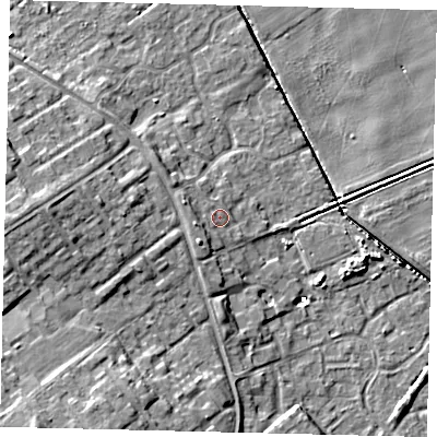 Shaded relief map of the ground around HU74ZD, computed from Environment Agency LiDAR. The ground here sits at about 2 m above sea level and falls 10 m across the surrounding 800 m. Surface water reaching this point runs off ground lying to the west-south-west, 2.6 m higher.