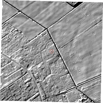 Shaded relief map of the ground around HU74ZP, computed from Environment Agency LiDAR. The ground here sits at about 2 m above sea level and falls 9 m across the surrounding 800 m. The ground contributing surface water to this point lies to the east-north-east.