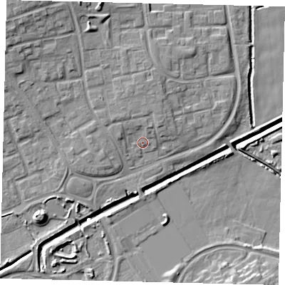 Shaded relief map of the ground around HU75AQ, computed from Environment Agency LiDAR. The ground here sits at about 4 m above sea level and falls 14 m across the surrounding 800 m. Surface water reaching this point runs off ground lying to the north, 2.2 m higher.