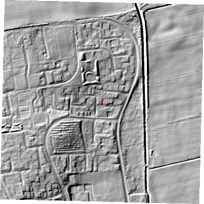 Shaded relief map of the ground around HU75BX, computed from Environment Agency LiDAR. The ground here sits at about 4 m above sea level and falls 14 m across the surrounding 800 m. Surface water reaching this point runs off ground lying to the west-north-west, 6.6 m higher.