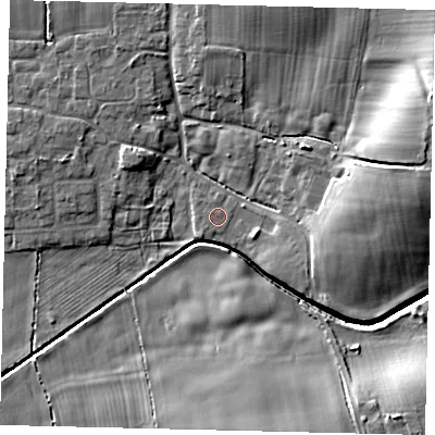 Shaded relief map of the ground around HU75FB, computed from Environment Agency LiDAR. The ground here sits at about 3 m above sea level and falls 13 m across the surrounding 800 m. The ground contributing surface water to this point lies to the north-west.