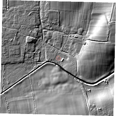 Shaded relief map of the ground around HU75XA, computed from Environment Agency LiDAR. The ground here sits at about 3 m above sea level and falls 13 m across the surrounding 800 m. Surface water reaching this point runs off ground lying to the east-south-east, 2.4 m higher.