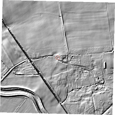 Shaded relief map of the ground around HU75XY, computed from Environment Agency LiDAR. The ground here sits at about 5 m above sea level and falls 9 m across the surrounding 800 m. Surface water reaching this point runs off ground lying to the east-north-east, 2.6 m higher.