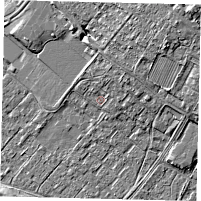 Shaded relief map of the ground around HU76AD, computed from Environment Agency LiDAR. The ground here sits at about 4 m above sea level and falls 9 m across the surrounding 800 m. Surface water reaching this point runs off ground lying to the north-east, 3.7 m higher.