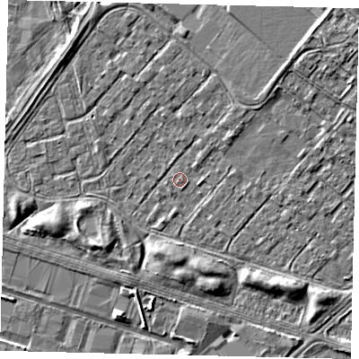 Shaded relief map of the ground around HU76AJ, computed from Environment Agency LiDAR. The ground here sits at about 2 m above sea level and falls 6 m across the surrounding 800 m. Surface water reaching this point runs off ground lying to the north-east, 5.8 m higher.
