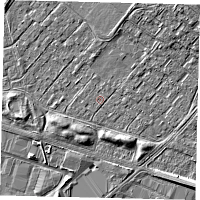 Shaded relief map of the ground around HU76AL, computed from Environment Agency LiDAR. The ground here sits at about 2 m above sea level and falls 7 m across the surrounding 800 m. Surface water reaching this point runs off ground lying to the east-north-east, 0.9 m higher.