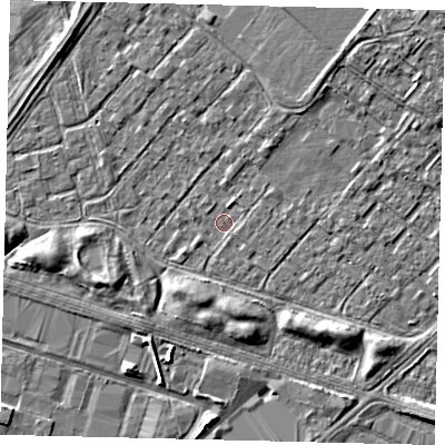 Shaded relief map of the ground around HU76AN, computed from Environment Agency LiDAR. The ground here sits at about 1 m above sea level and falls 6 m across the surrounding 800 m. Surface water reaching this point runs off ground lying to the north-east, 5.8 m higher.