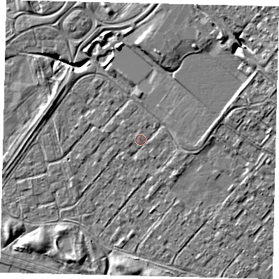 Shaded relief map of the ground around HU76AP, computed from Environment Agency LiDAR. The ground here sits at about 2 m above sea level and falls 10 m across the surrounding 800 m. Surface water reaching this point runs off ground lying to the east-north-east, 4.5 m higher.