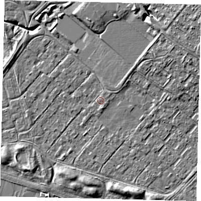 Shaded relief map of the ground around HU76AR, computed from Environment Agency LiDAR. The ground here sits at about 2 m above sea level and falls 10 m across the surrounding 800 m. Surface water reaching this point runs off ground lying to the north-north-east, 0.7 m higher.