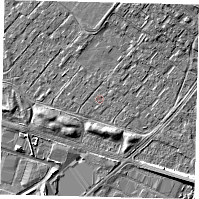 Shaded relief map of the ground around HU76AS, computed from Environment Agency LiDAR. The ground here sits at about 2 m above sea level and falls 7 m across the surrounding 800 m. The ground contributing surface water to this point lies to the east-south-east.