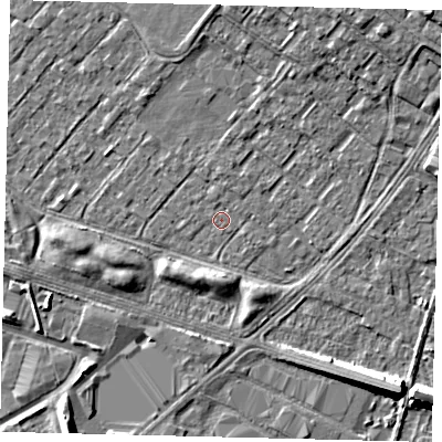 Shaded relief map of the ground around HU76AT, computed from Environment Agency LiDAR. The ground here sits at about 2 m above sea level and falls 8 m across the surrounding 800 m. Surface water reaching this point runs off ground lying to the south-east, 7.5 m higher.