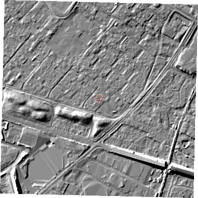 Shaded relief map of the ground around HU76AU, computed from Environment Agency LiDAR. The ground here sits at about 2 m above sea level and falls 8 m across the surrounding 800 m. Surface water reaching this point runs off ground lying to the south-east, 7.5 m higher.