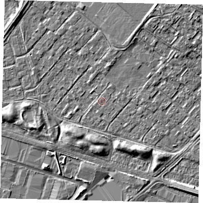 Shaded relief map of the ground around HU76AW, computed from Environment Agency LiDAR. The ground here sits at about 2 m above sea level and falls 7 m across the surrounding 800 m. Surface water reaching this point runs off ground lying to the south-east, 3.1 m higher.
