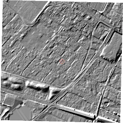 Shaded relief map of the ground around HU76AX, computed from Environment Agency LiDAR. The ground here sits at about 2 m above sea level and falls 8 m across the surrounding 800 m. Surface water reaching this point runs off ground lying to the north, 2.1 m higher.