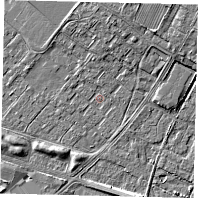 Shaded relief map of the ground around HU76AY, computed from Environment Agency LiDAR. The ground here sits at about 2 m above sea level and falls 8 m across the surrounding 800 m. Surface water reaching this point runs off ground lying to the north, 1.2 m higher.
