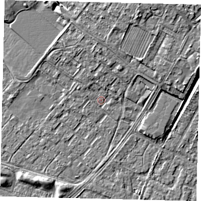 Shaded relief map of the ground around HU76AZ, computed from Environment Agency LiDAR. The ground here sits at about 3 m above sea level and falls 9 m across the surrounding 800 m. Surface water reaching this point runs off ground lying to the north, 6.2 m higher.