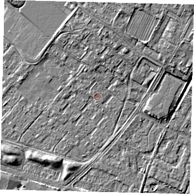 Shaded relief map of the ground around HU76BA, computed from Environment Agency LiDAR. The ground here sits at about 2 m above sea level and falls 8 m across the surrounding 800 m. The ground contributing surface water to this point lies to the north.