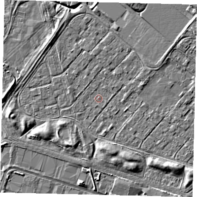 Shaded relief map of the ground around HU76BB, computed from Environment Agency LiDAR. The ground here sits at about 2 m above sea level and falls 8 m across the surrounding 800 m. Surface water reaching this point runs off ground lying to the south-west, 0.7 m higher.